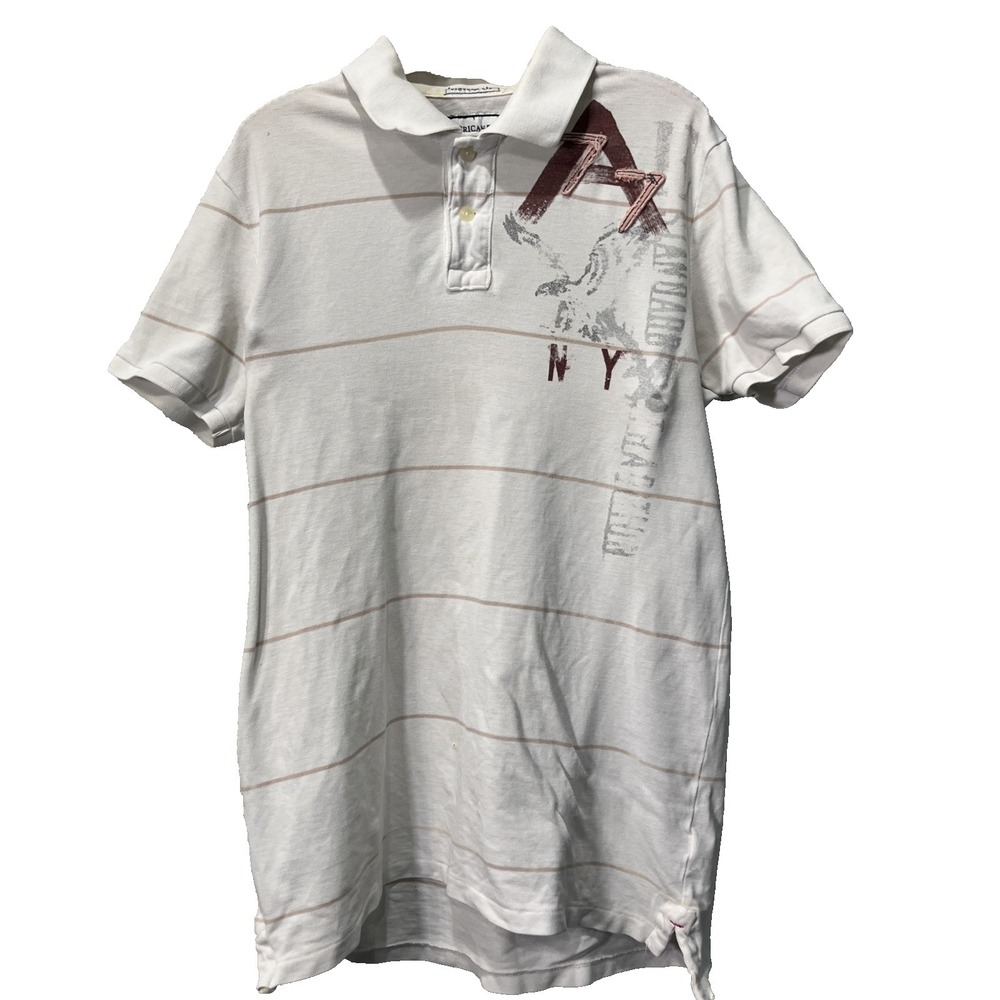 American Eagle Polo Mens Large White Vintage Fit Striped Graphic NY Eagle Cotton